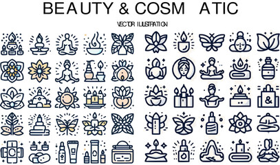 Beauty & Cosmatic editable stroke outline icons set. Beauty, yoga, aromatherapy, spa, skin care, massage and cosmetics. Vector illustration