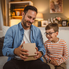 Son give gift his father and surprise him for birthday or fathers day