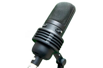 A microphone is shown with a black cord and a white background