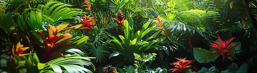 vibrant tropical garden with lush foliage and exotic flowers