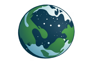 A stylized cartoon drawing of planet Earth with a simple design on a transparent, white background, png