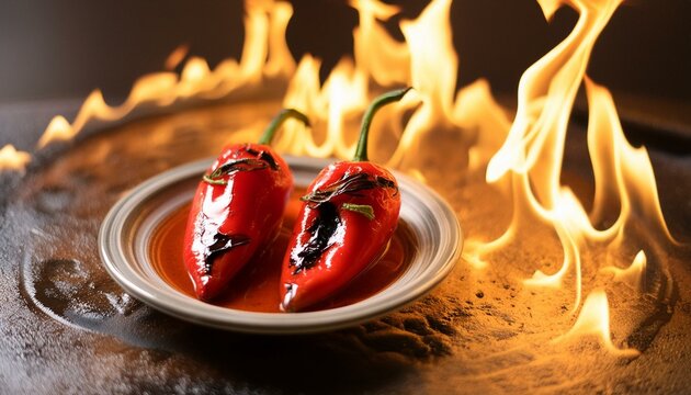 Aj&iacute;s, en un plato, con fuego en el fondo, dando entender que son Super picantes