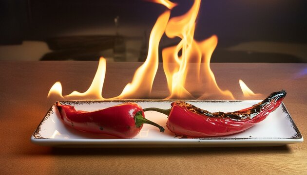 Aj&iacute;s, en un plato, con fuego en el fondo, dando entender que son Super picantes