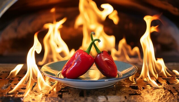 Aj&iacute;s, en un plato, con fuego en el fondo, dando entender que son Super picantes