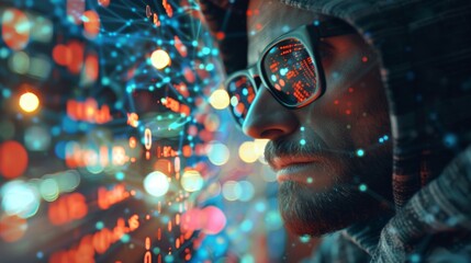 A man wearing sunglasses and a hoodie looking at something in the distance, AI