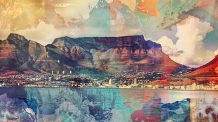 Fototapeta premium Collage of Cape Town with Table Mountain, retro print styles, soft brilliance flows within liquid paths