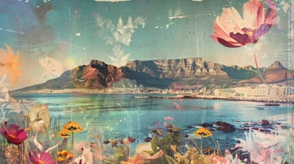 Naklejka premium Collage of Cape Town with Table Mountain, vintage holiday graphics, soft shimmer arises from aqueous paths