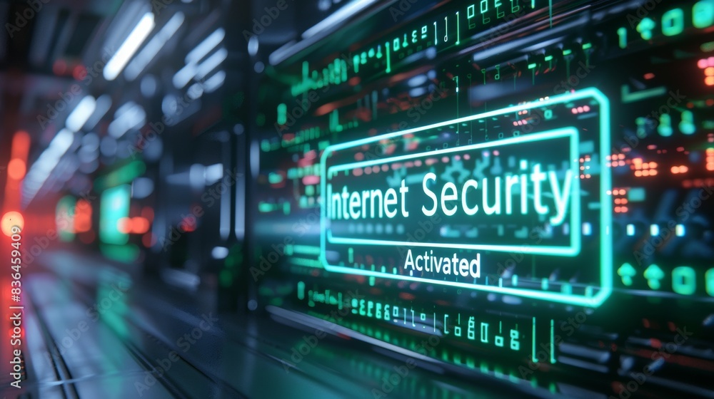 Poster a close up of a computer screen with the words internet security, ai