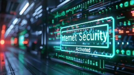 Fototapeta premium A close up of a computer screen with the words internet security, AI