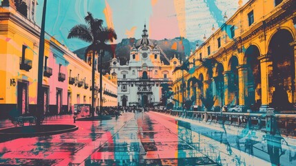  Collage of Lima with Plaza Mayor, retro color palettes, peaceful light pulses within liquid tides