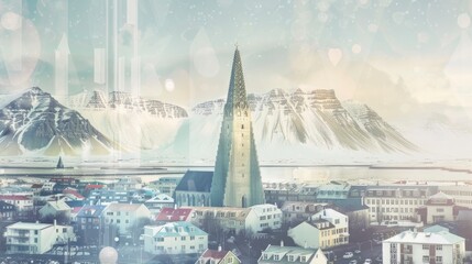  Collage of Reykjavik with Hallgrimskirkja, retro print advertisements, soft light arises from aqueous pathways