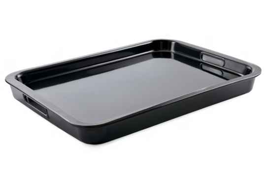 A simple black baking tray with glossy finish on a transparent, white background, png, suitable for cooking concepts