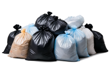 A mixed assortment of sealed black garbage bags on a transparent, white background, emphasizing waste management