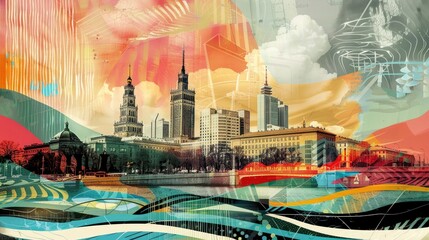 Obraz premium Collage of Warsaw with Palace of Culture and Science, classic graphic motifs, soft shimmer arises from fluid waves