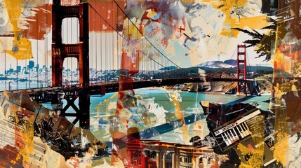  Collage wallpaper of San Francisco with the Golden Gate Bridge, retro musical poster art, tranquil gleam emanates from liquid trails