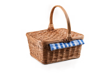 Traditional picnic wicker basket with a blue checked cloth on a transparent, white background, png
