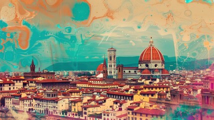  Florence collage with Duomo, retro pop culture art, soft shine emerges from liquid flux