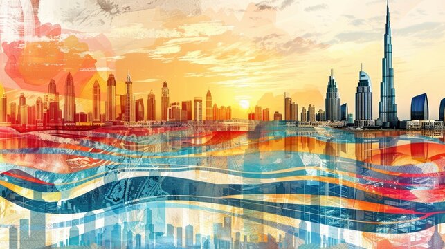  Dubai skyline collage with Burj Khalifa, retro pattern design, serene glow arises from watery channels