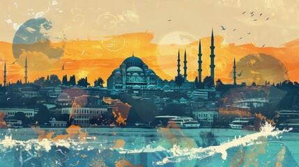 Naklejka premium Istanbul skyline collage with Hagia Sophia, retro pop culture art, gentle radiance emanates from liquid routes