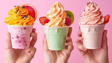 Three hands holding three different ice cream flavors in plastic cups with fruit toppings against a...