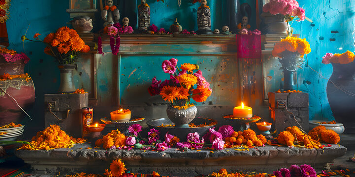 Cuarto viejo y abandonado decorado por ofrendas con flores Damasquina estilo ofrenda mexicana de dia de muertos 