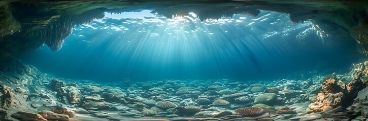 Fototapeta premium A panoramic view of a nature underwater cave, the vastness of the underwater world creating a serene atmosphere
