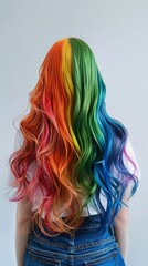 Woman hair as rainbow color splash. Beautiful young woman model. 