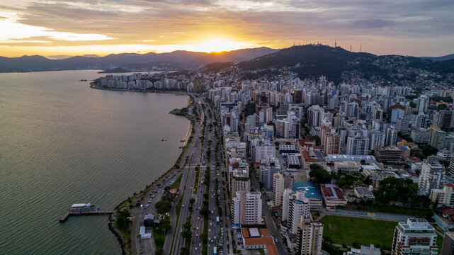 Aerial view of Avenida Beira Mar in Florianopolis, Santa Catarina, Brazil. At sunrise.