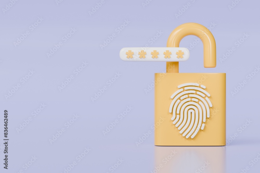 Poster 3d fingerprint padlock icon isolated on blue background. biometric verification. touch id fingerprin
