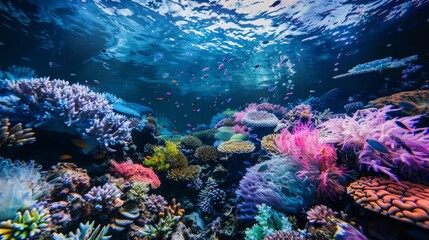 Fototapeta premium Exploring the depths of a coral reef, Showing the beauty and biodiversity of a healthy coral reef teeming with life