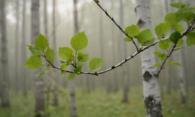 Birch sapling growing in a forest
