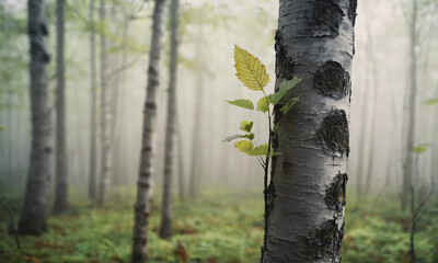 Birch sapling growing in a forest