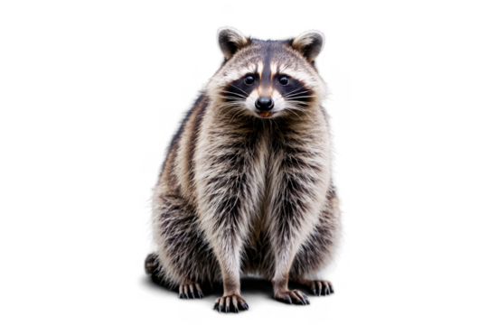 A fluffy, curious raccoon with distinguished facial features on a transparent, png, white background