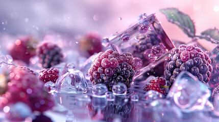 Fresh blackberries and ice cubes