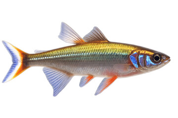 Obraz premium An image featuring a metallic blue striped fish, showing vivid colors on a transparent white background, ideal for png