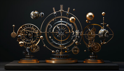 Detailed 3d Render Illustration Of A Steampunk Mechanism With Flying Metal Spheres, Gold Rings, Engine Mechanical Parts, And Clockwork Components On A Dark Background.
