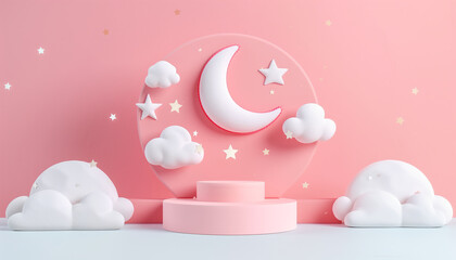 Crescent Moon With Podium, Stars, And Clouds - Badtime Card On A Sweet Dream Plasticine Base Background With Cute Pastel Illustration