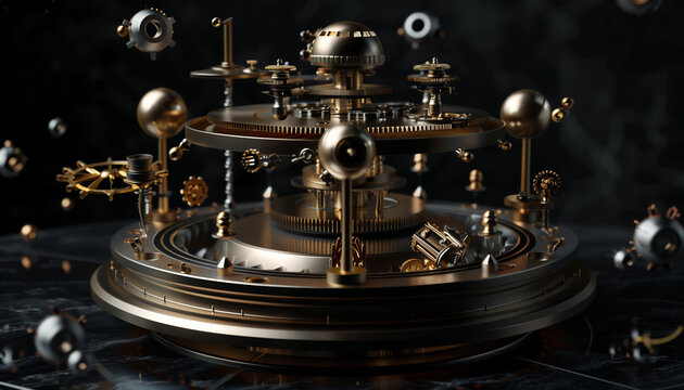 3d Render Illustration Of A Steampunk Mechanism With Flying Metal Spheres, Gold Rings, And Engine Mechanical Parts On A Dark Background
