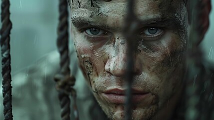 Craft a close-up image of a prisoners face with visible scars and a haunting expression, emphasizing a mix of fear and resilience with a cinematic, film noir aesthetic