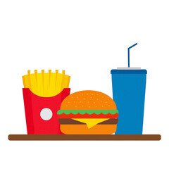 トレイに乗せたハンバーガーとフライドポテトとドリンクのランチセットのシンプルなアイコンイラスト　白背景の切り抜き