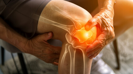 Senior Woman Holding Knee in Pain with Visible Bones and Highlighted Joint