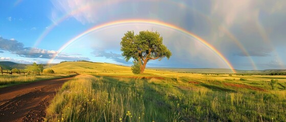 Obraz premium A rainbow arching gracefully over a tranquil landscape