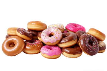 Delicious looking assorted donuts with different toppings on a transparent, white background, and in png format