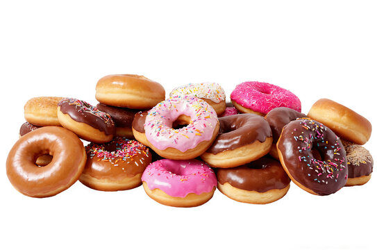 Delicious looking assorted donuts with different toppings on a transparent, white background, and in png format