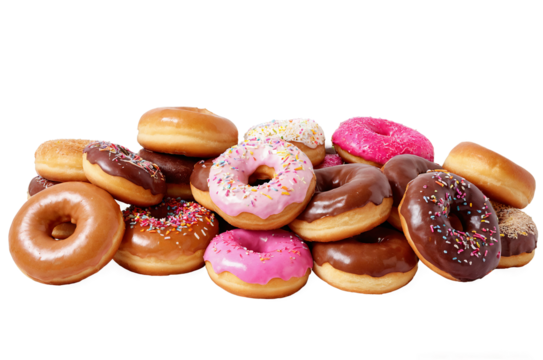 Delicious looking assorted donuts with different toppings on a transparent, white background, and in png format