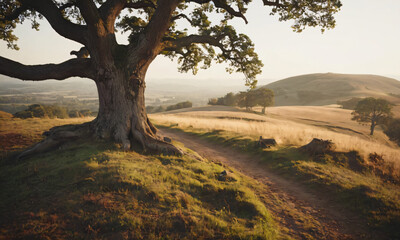 old oak tree on top of hill