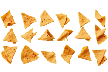 An assortment of crispy tortilla chips scattered on a transparent, white background, in png format, for culinary themes