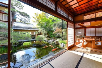 Traditional Japanese house with garden and koi pond