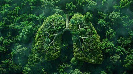 Green lung forest in a shape of lungs for a healthy environment and planet earth. Healthy lungs fresh air concept