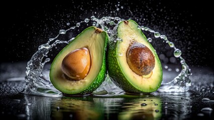 avocado with water droplets and half submerged in water on a black background - Generative AI